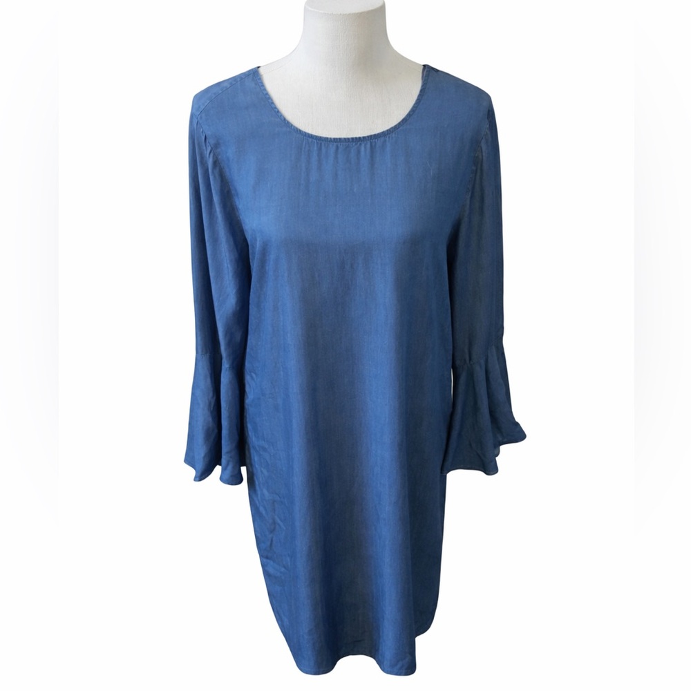Halston Chambray Bell Sleeve Tunic Dress Medium Blue